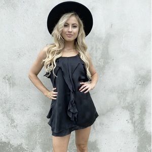 Black satin ruffle shift dress